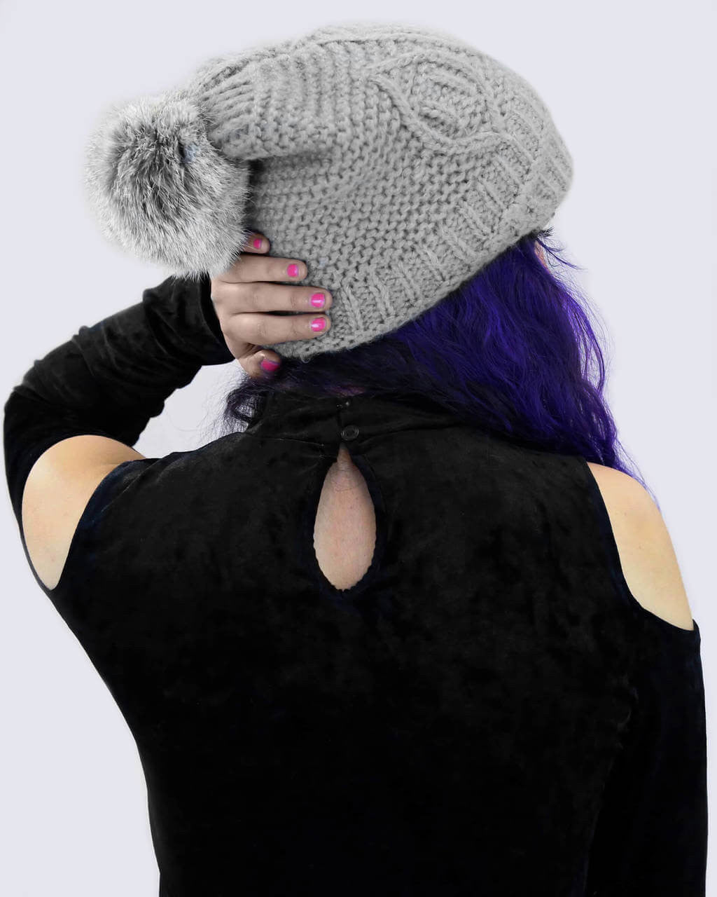 Visor Beanie with Rabbit Fur Pom Grey
