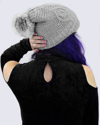Visor Beanie with Rabbit Fur Pom Grey
