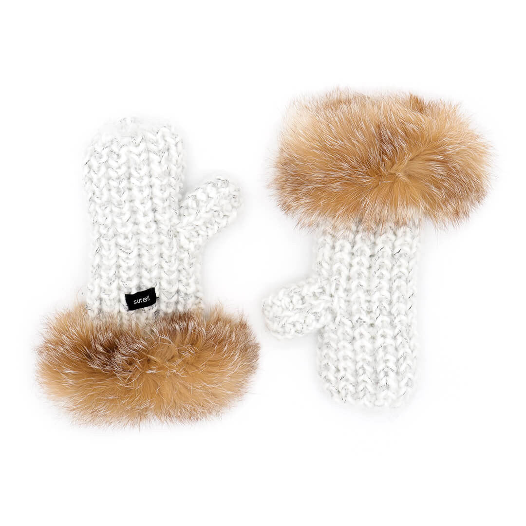 Chunky Knit Mitten with Fox Fur Cuff in Ivory Crystal