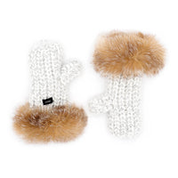 Chunky Knit Mitten with Fox Fur Cuff in Ivory Crystal