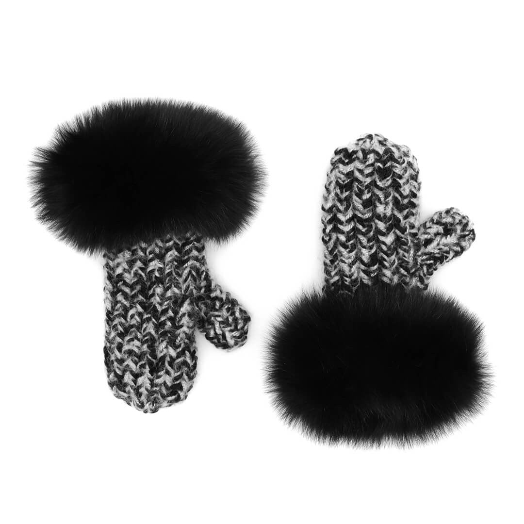 Chunky Knit Mitten with Fox Fur Cuff in Marle Black