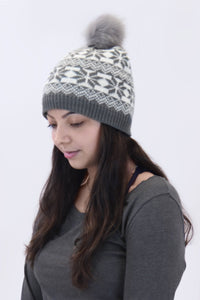 Snowflake Beanie with Faux Fur Pom Grey