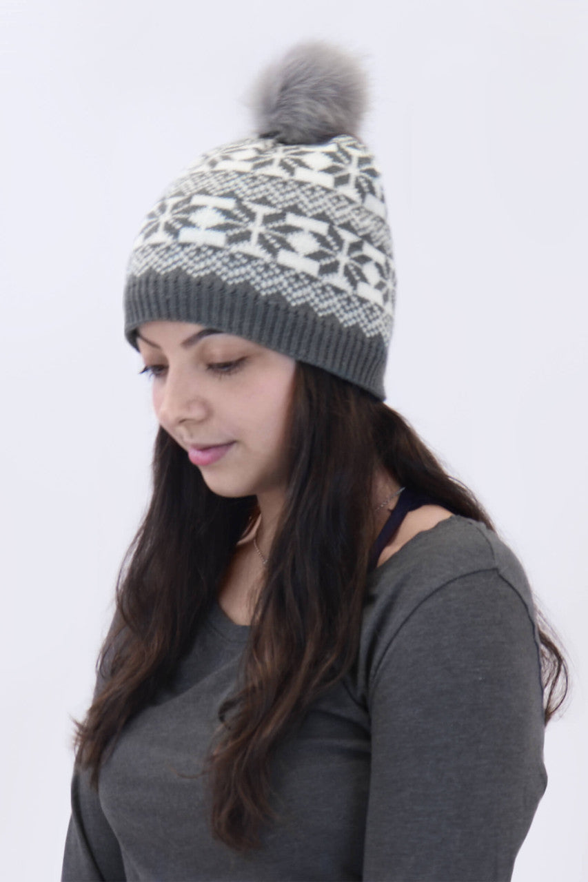 Snowflake Beanie with Faux Fur Pom Grey