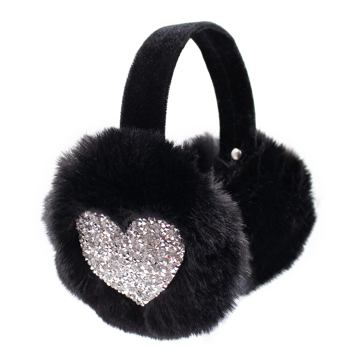 Children's Black Faux Rex Rabbit Fur Earmuff with Sparkly Silver Heart