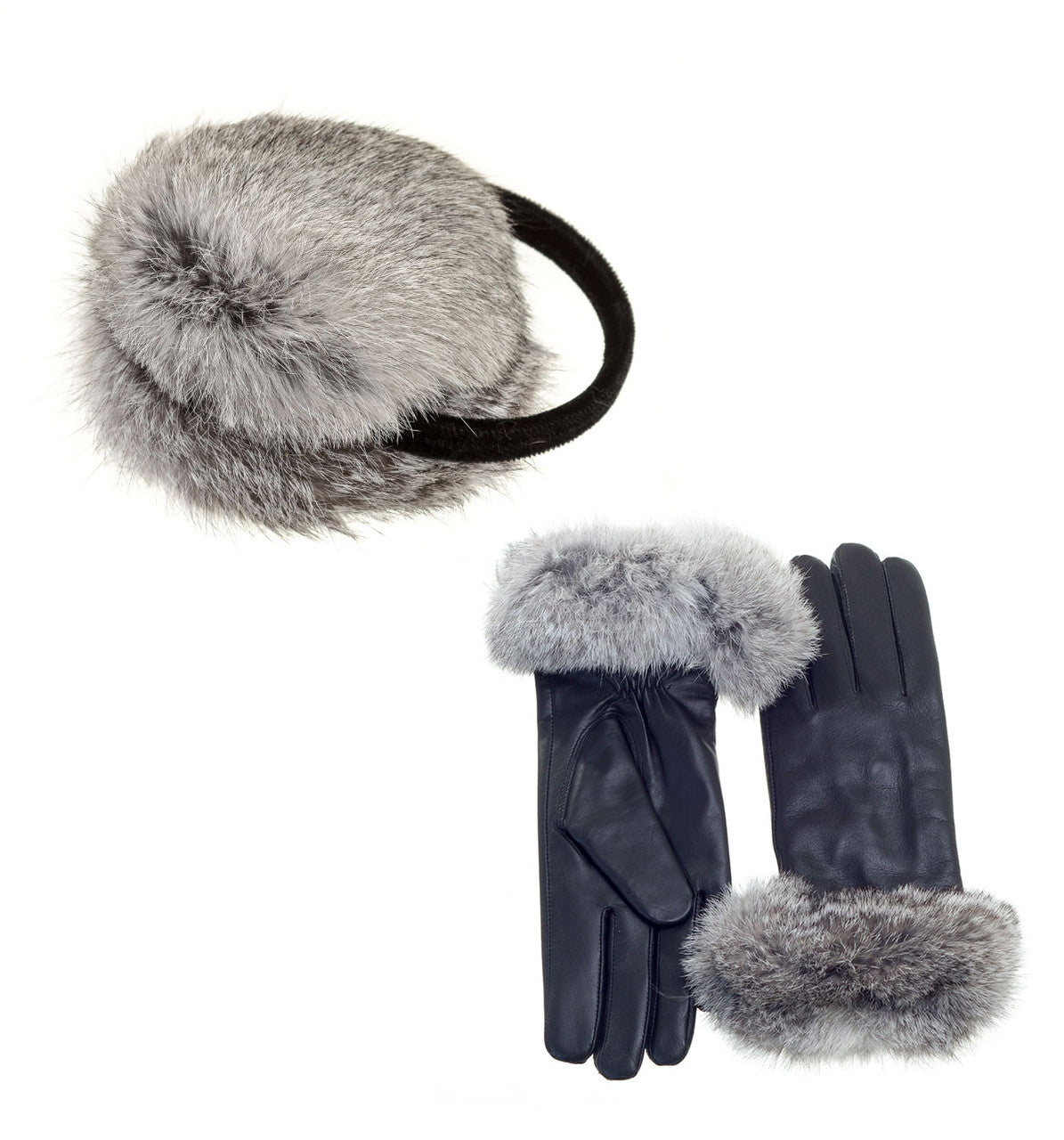 Rabbit Fur Earmuffs and Gloves Set Chin