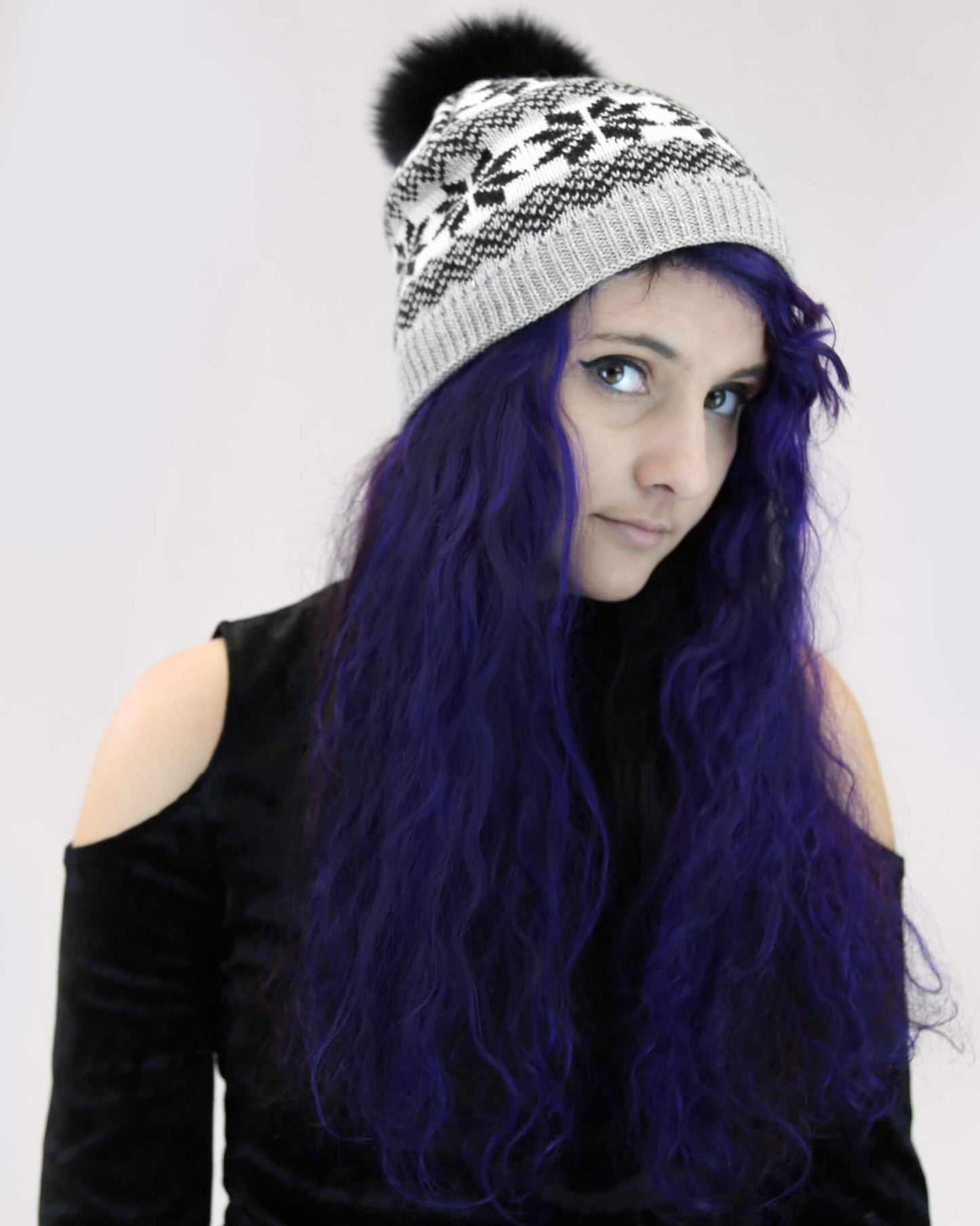 Snowflake Beanie with Faux Fox Fur Pom