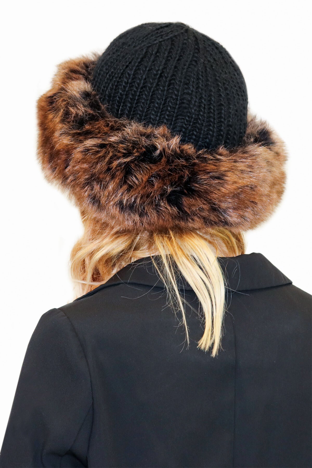 Knit Crown Hat with Faux Fox Fur Cuff