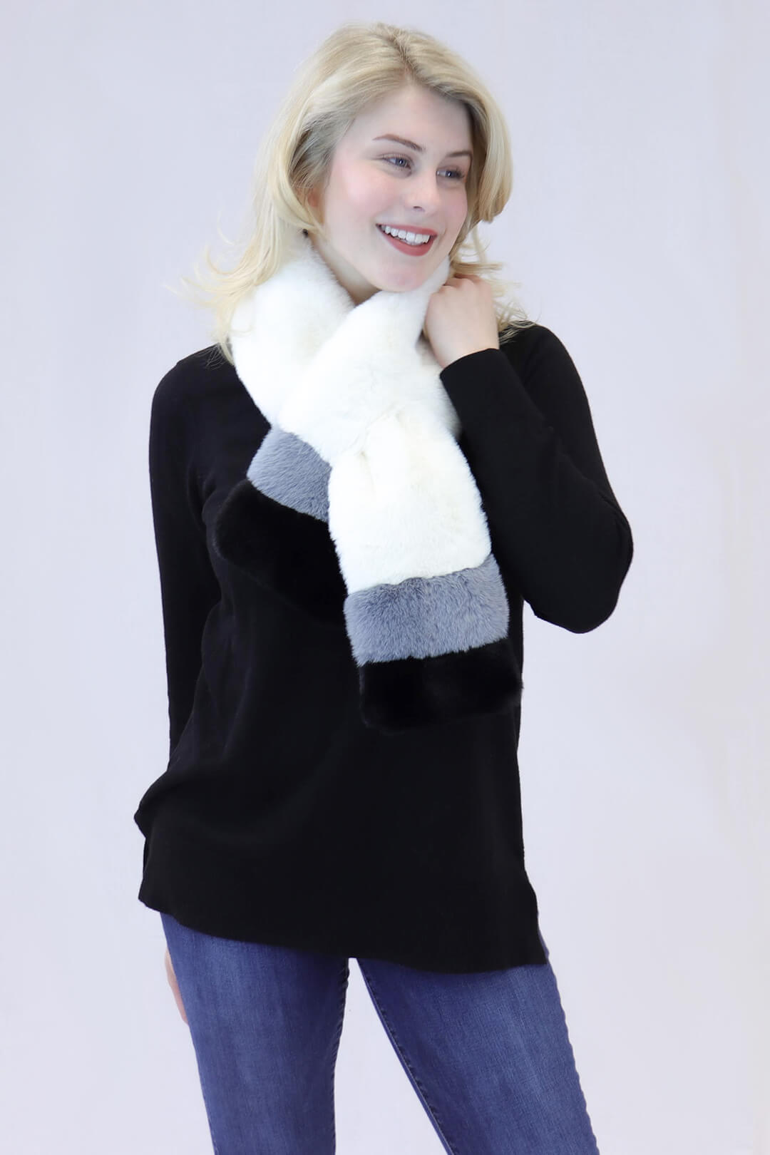 Faux Rex Rabbit Fur Striped Pull-Through