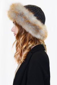 Knit Crown Hat with Faux Fox Fur Cuff