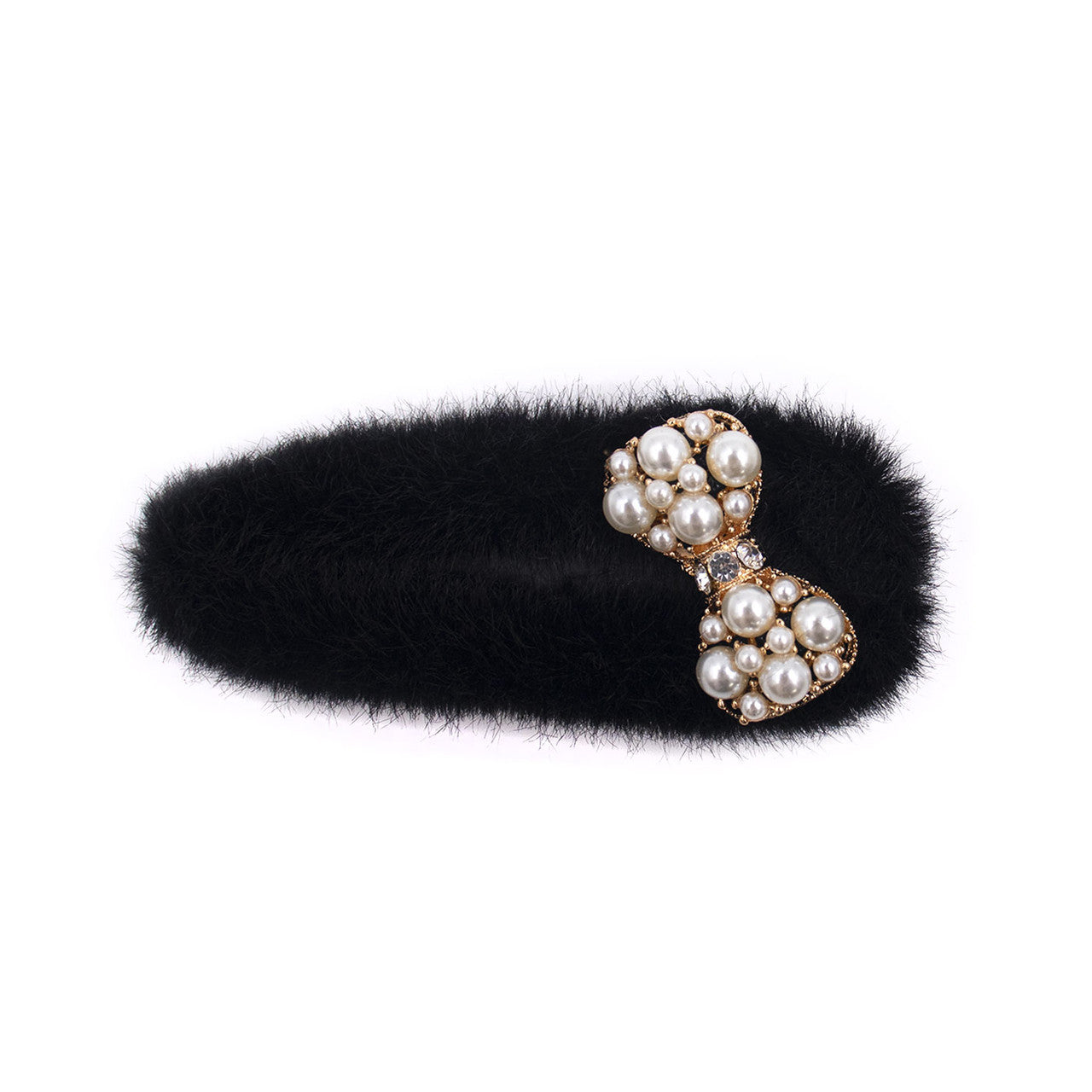 Black Faux Fur Hair Clip with Faux Pearl Bow