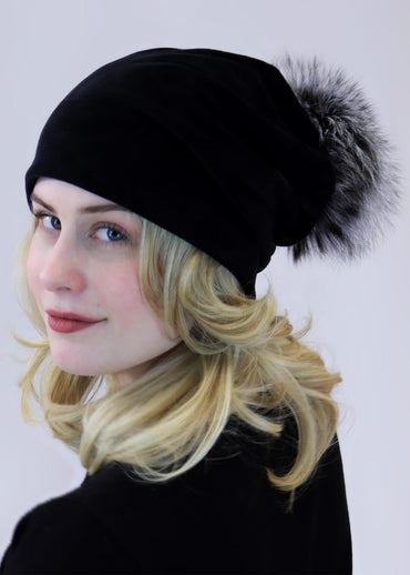 Velvet Slouch Beanie with Fox Fur Pom