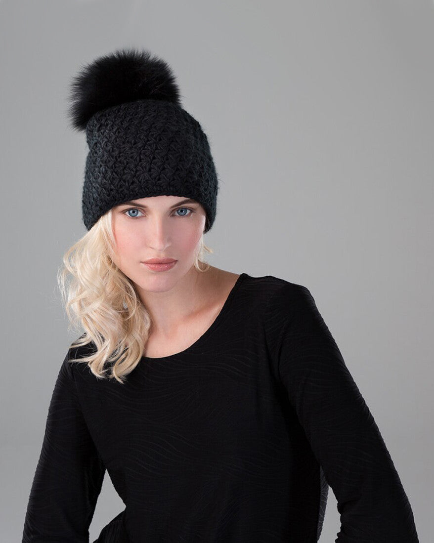 Handmade Star Knit Hat with Fox Pom