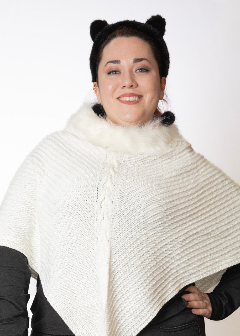 Knit Ruana with Center Braid and Faux Fur Trim