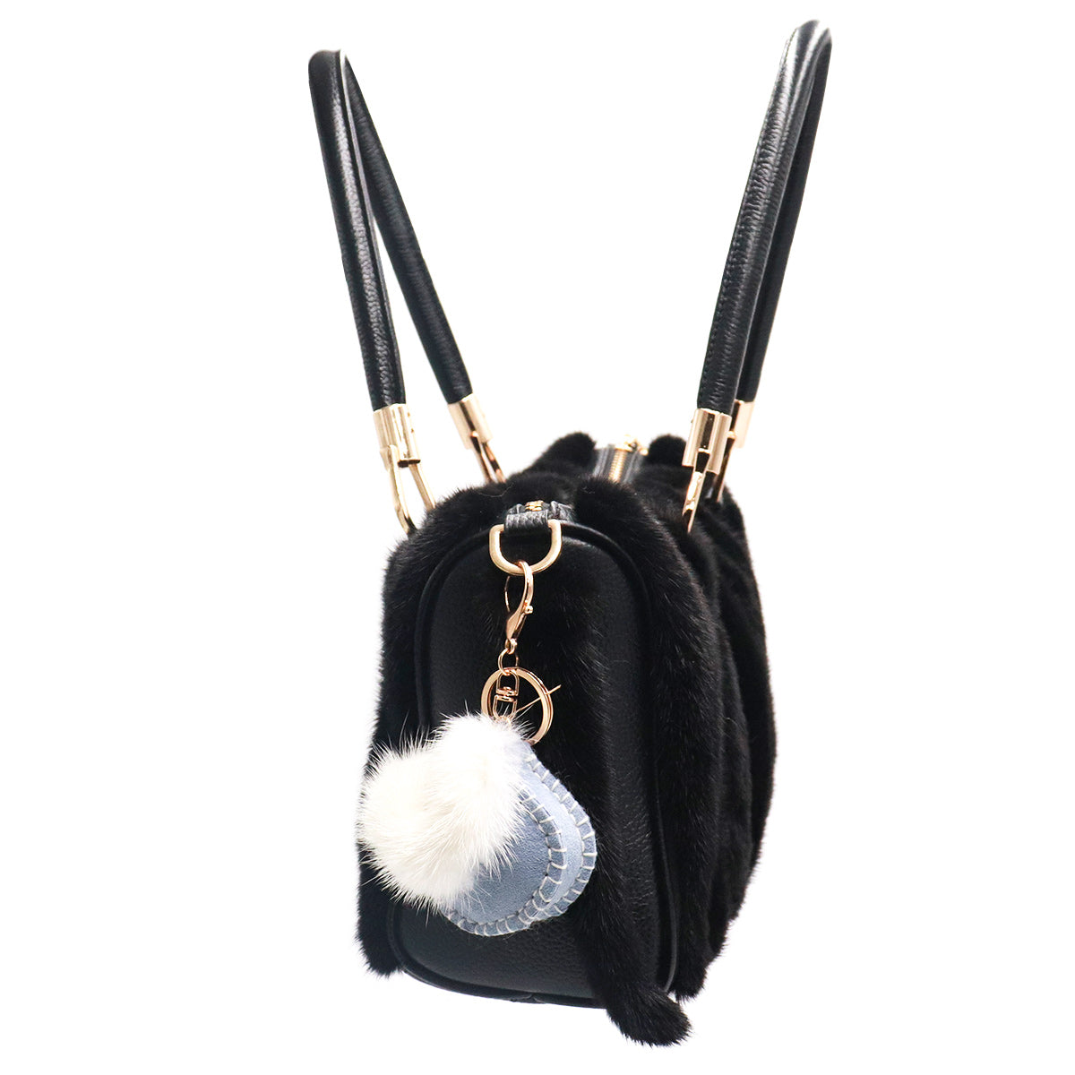 Shearling Bag with Mink Pom Keychain