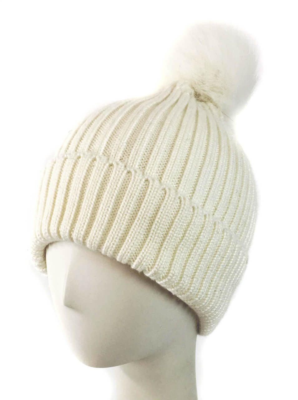 Knit Hat with Fox Fur Detachable Pom - Ivory 