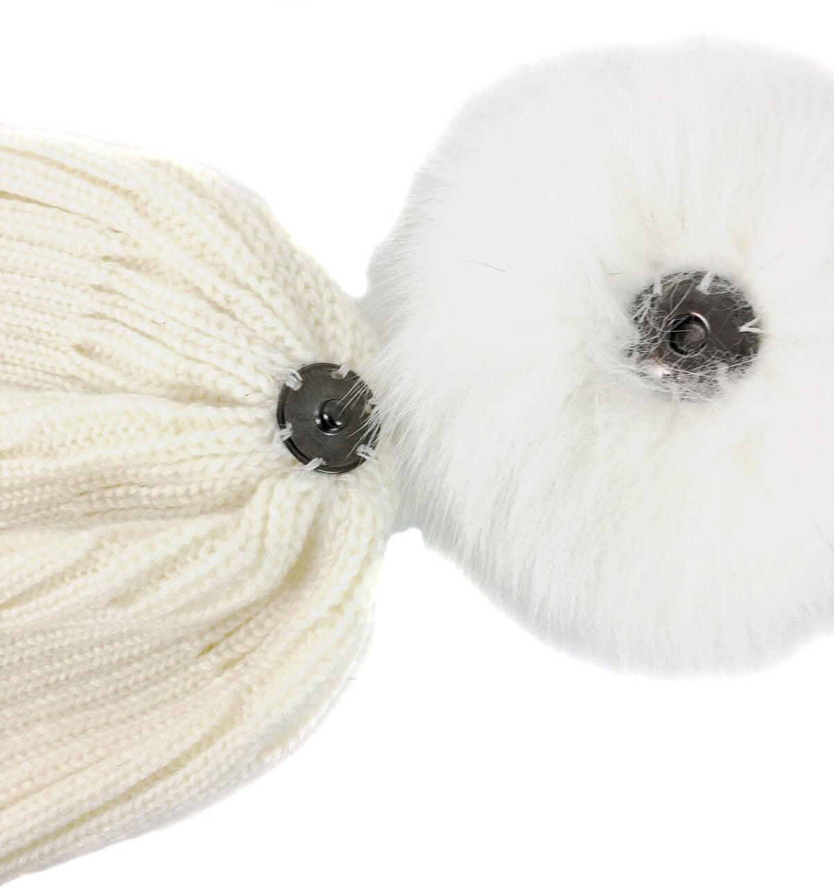 Knit Hat with Fox Fur Detachable Pom - Ivory