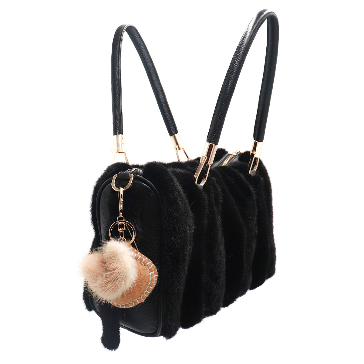 Shearling Bag with Mink Pom Keychain