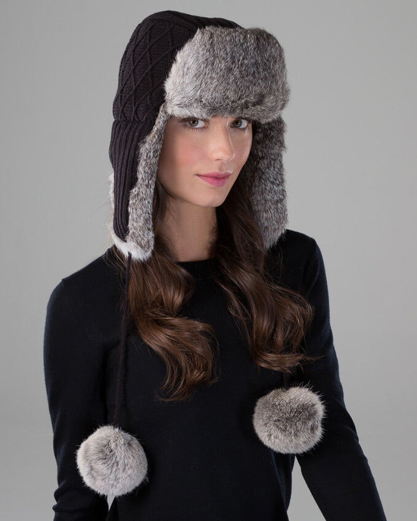 Rabbit Fur Knit Trooper with Pom Black & Chin