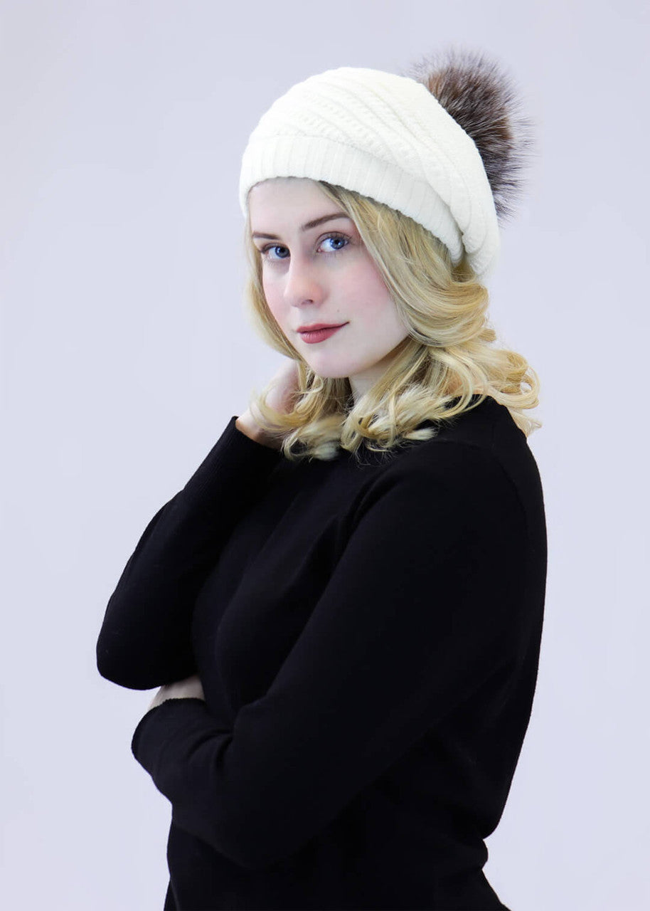 Spiral Knit Beanie with Fox Fur Pom ivory/crystal