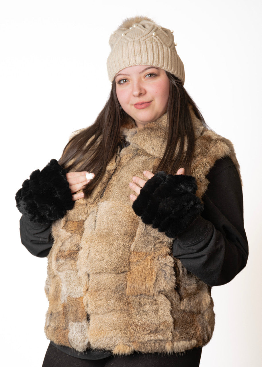 Women wearing a brown rabbit fur vest and a beige beanie