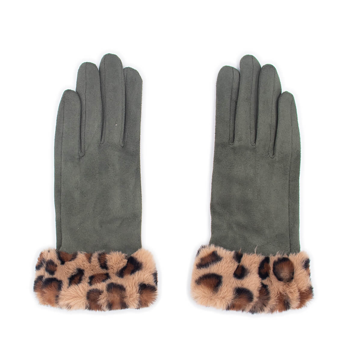 Faux Suede Gloves with Leopard Faux Fur