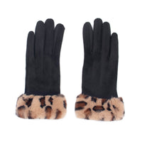 Faux Suede Gloves with Leopard Faux Fur