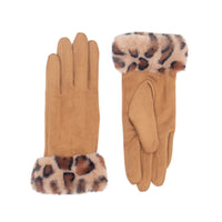 Faux Suede Gloves with Leopard Faux Fur