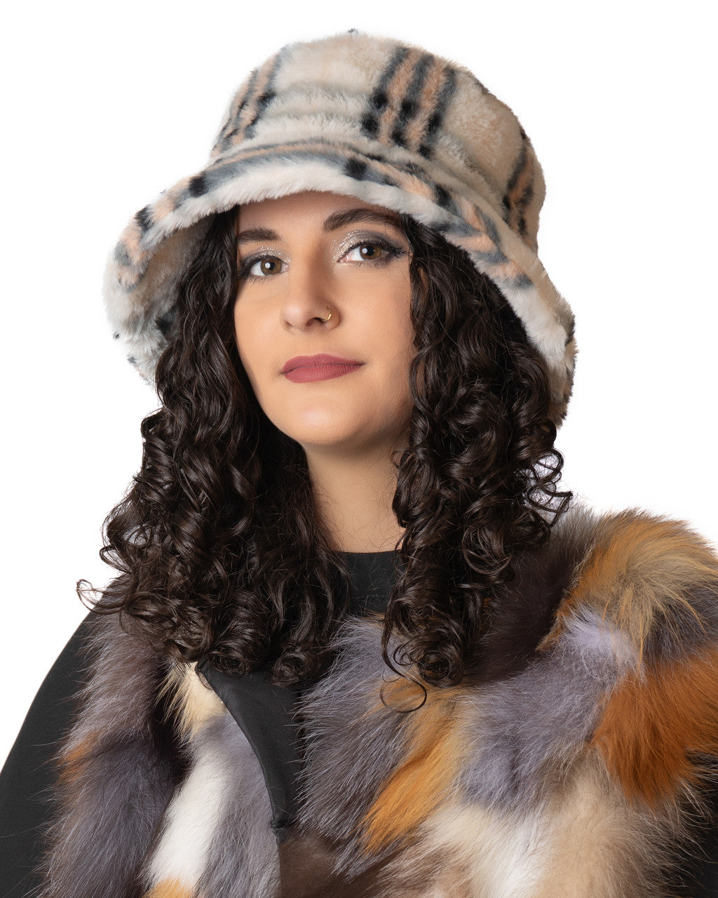 Plaid Faux Fur Bucket Hat