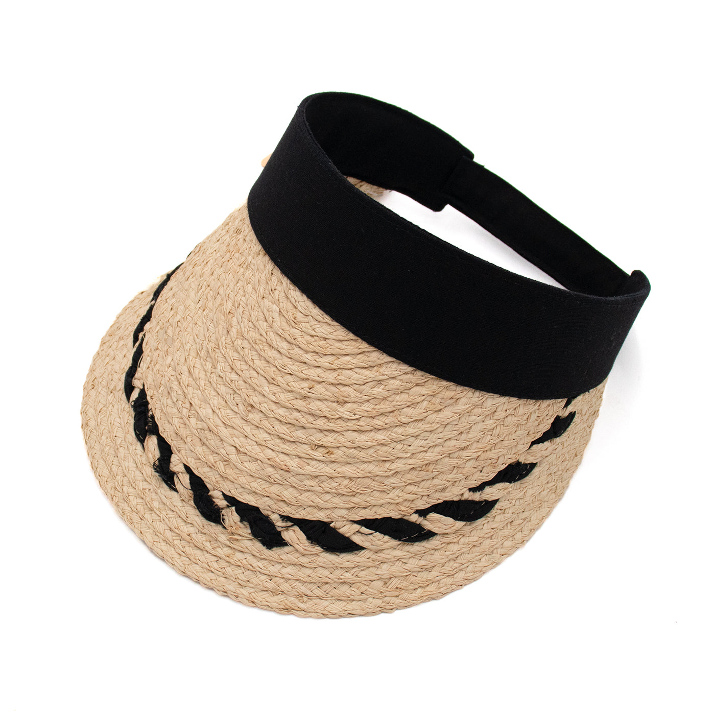 Raffia Straw Visor with Patterned Brim