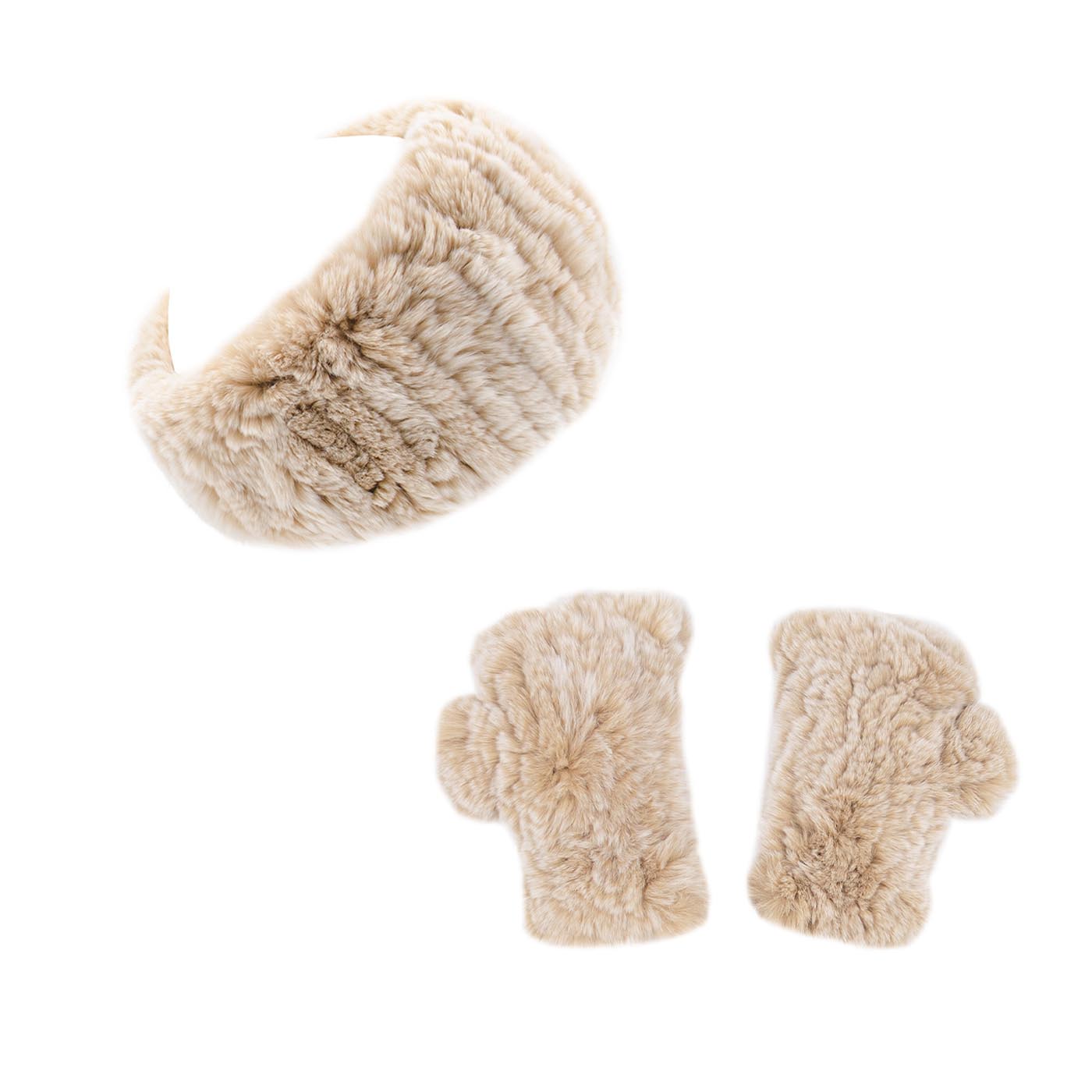 Rex Rabbit Fur Headband/Scarf and Text Mittens Set