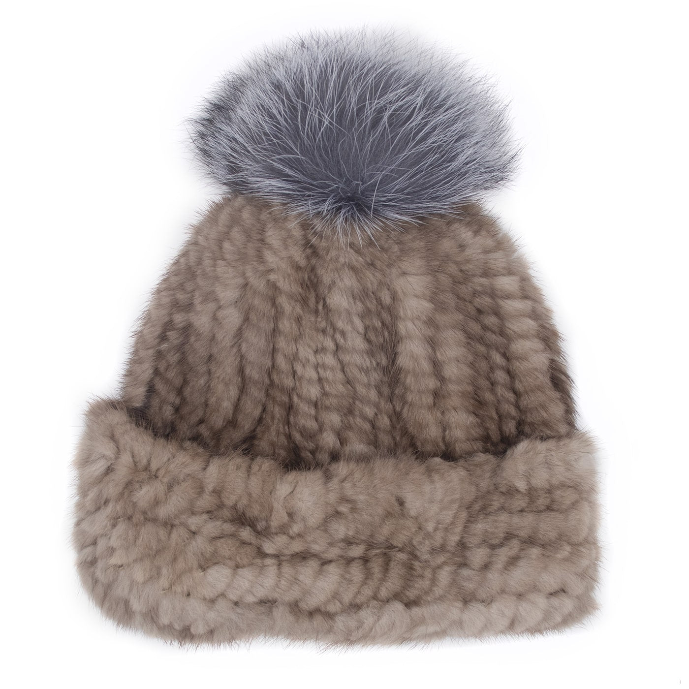 Mink Fur Knit Hat with Fox Pom