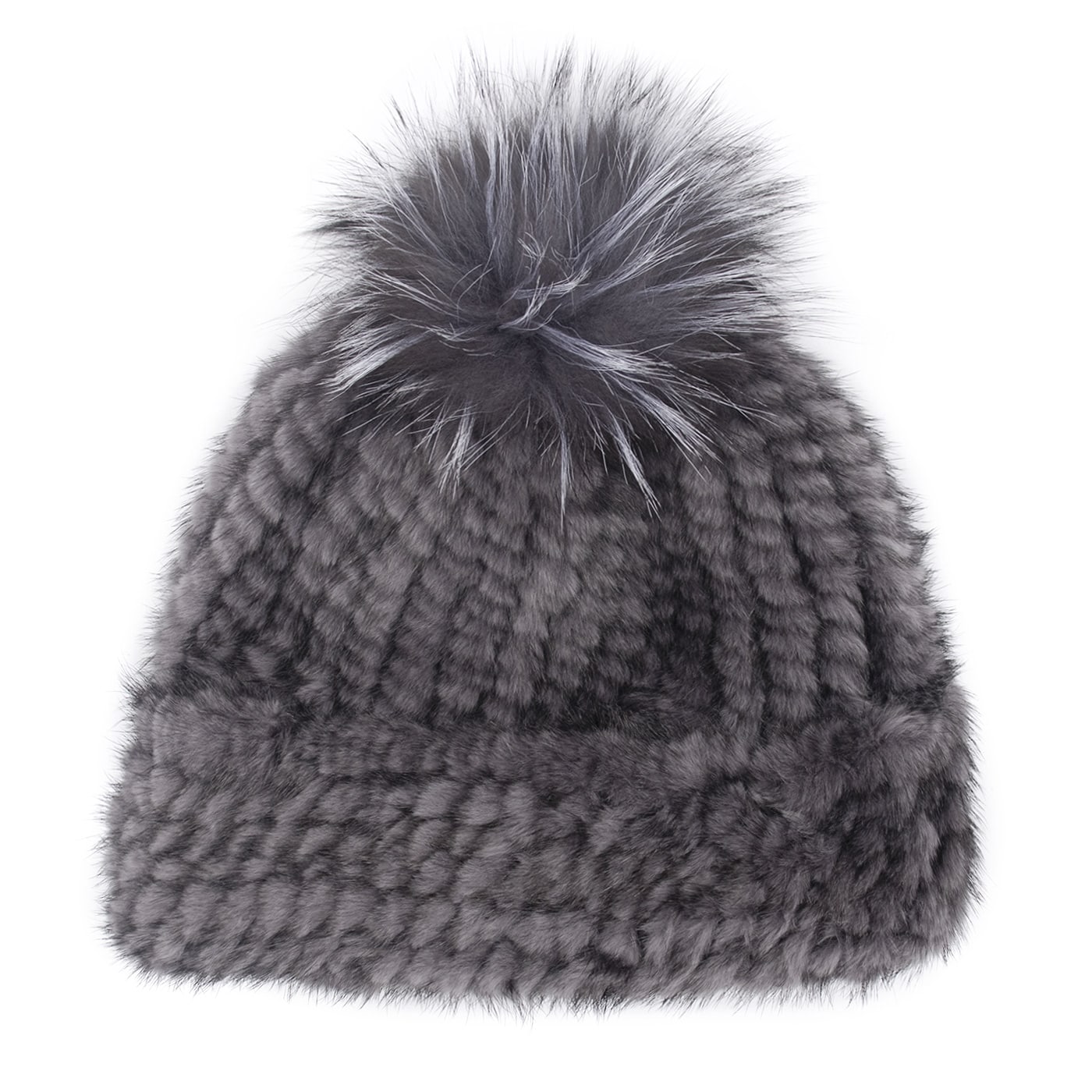 Mink Fur Knit Hat with Fox Pom