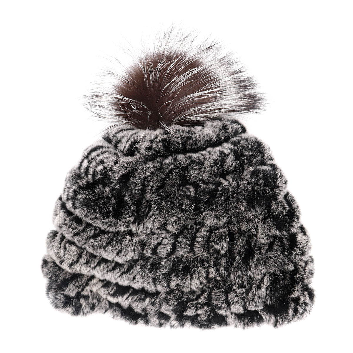 Rex Rabbit Fur Knit Hat with Fox Pom