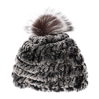 Rex Rabbit Fur Knit Hat with Fox Pom