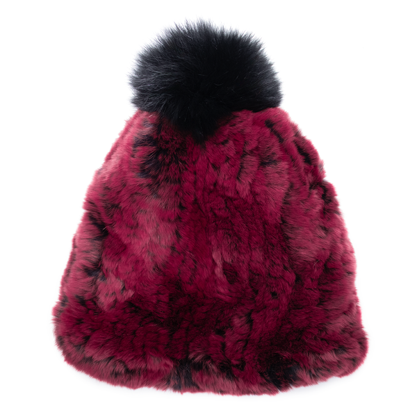 Black Cherry Rex Rabbit Beanie with Fox Pom