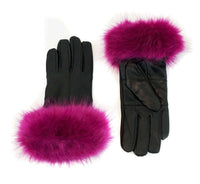 Leather Gloves with Faux Fox Cuff Black/Fuchsia