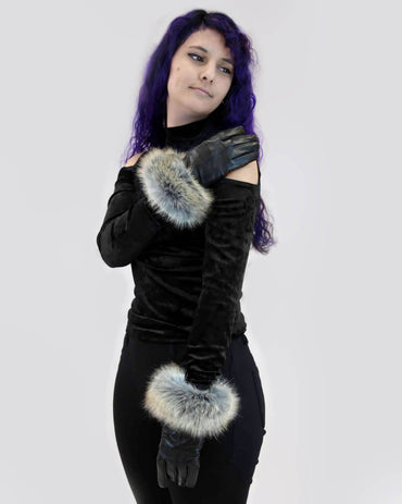 Leather Gloves with Faux Fox Cuff Black/Coyote