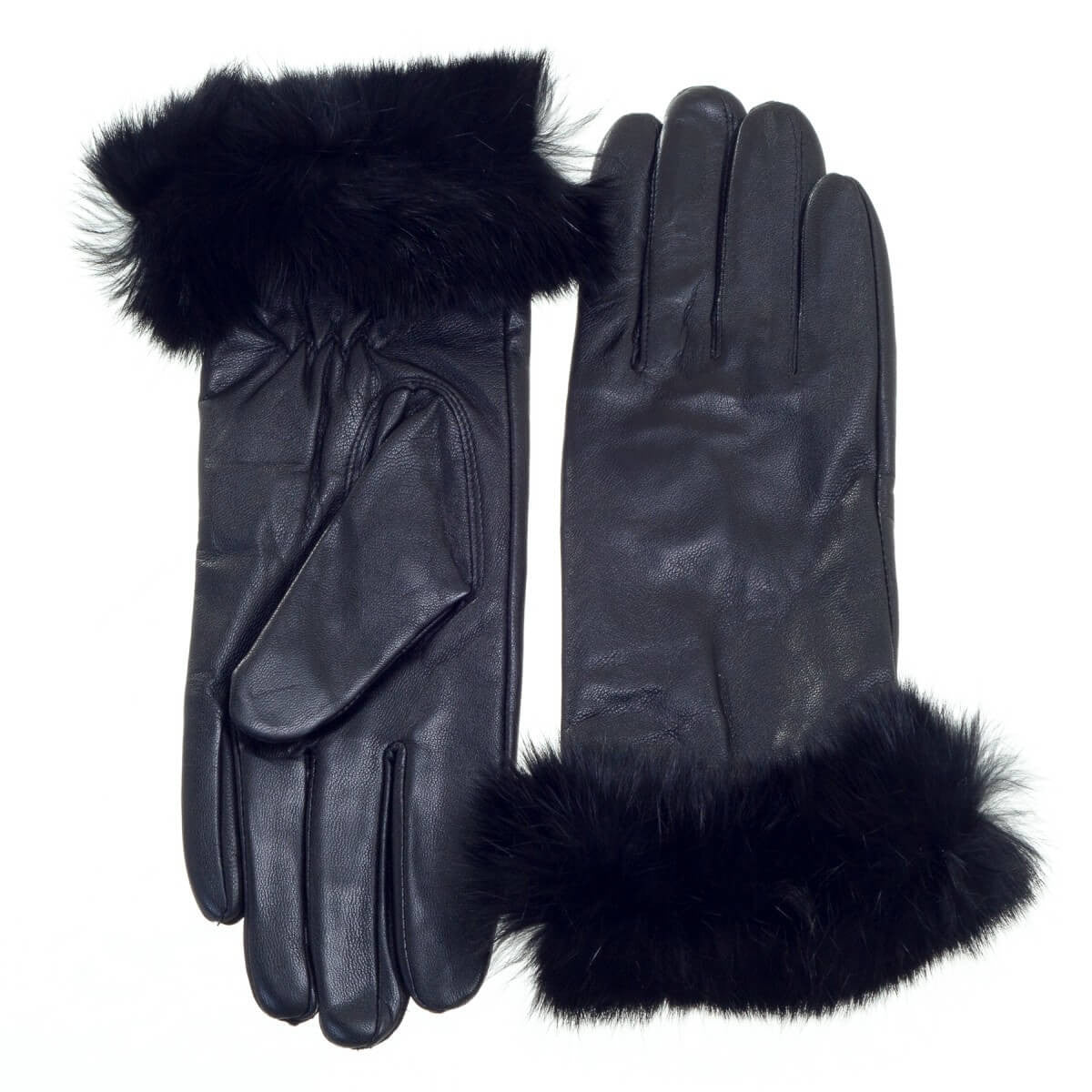 Leather Glove with Rabbit Fur in Black