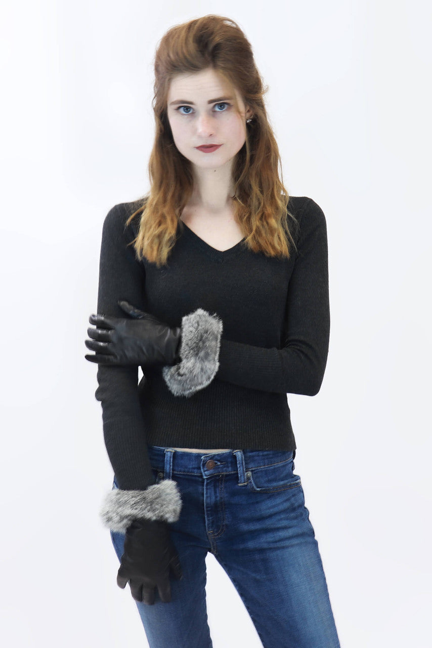 Leather Glove with Rabbit Fur in Chinchilla