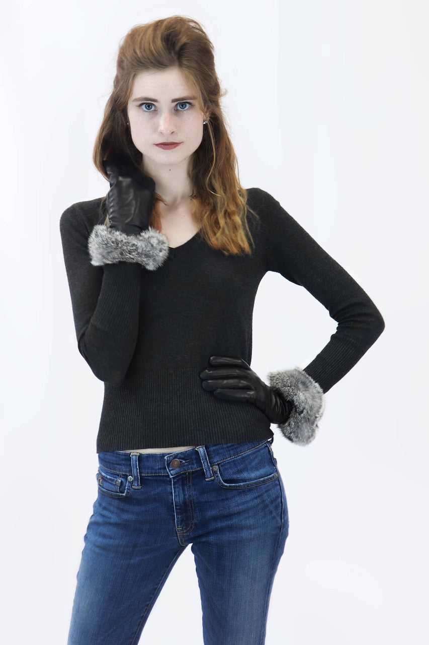 Leather Glove with Rabbit Fur in Chinchilla
