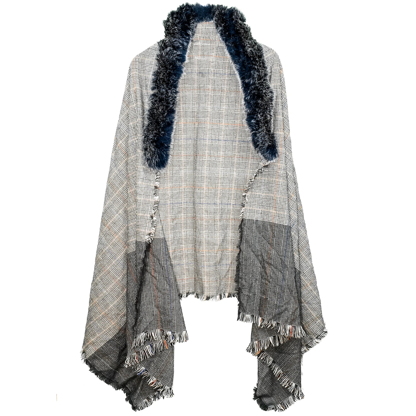 Plaid Houndstooth Shawl with Faux Fur Trim