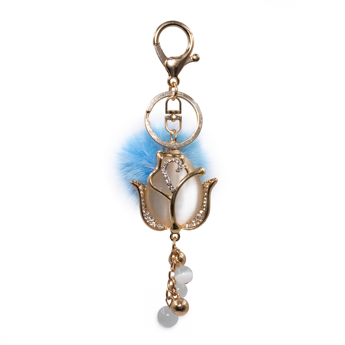 Bling Rose Keychain with Mink Fur Pom