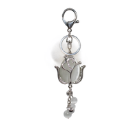 Silver Bling Rose Keychain with Mink Fur Pom