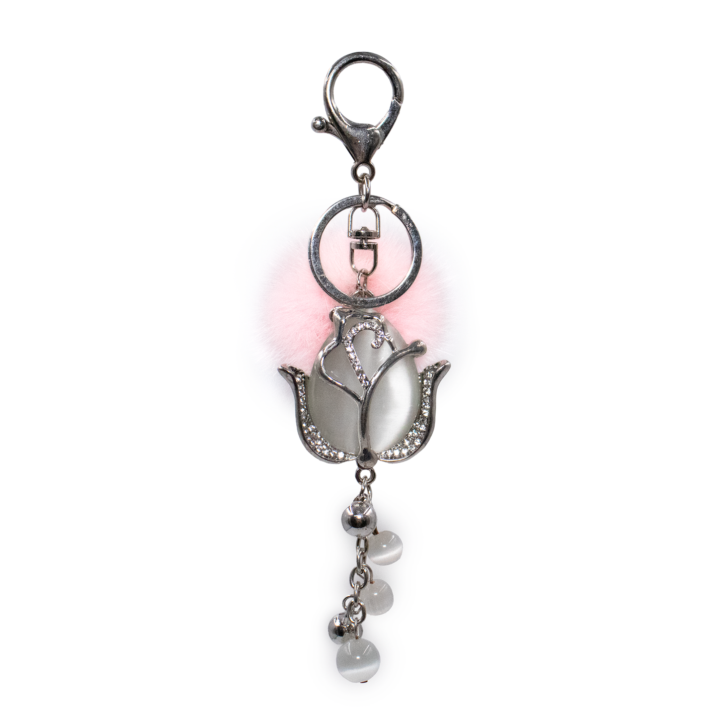 Silver Bling Rose Keychain with Mink Fur Pom