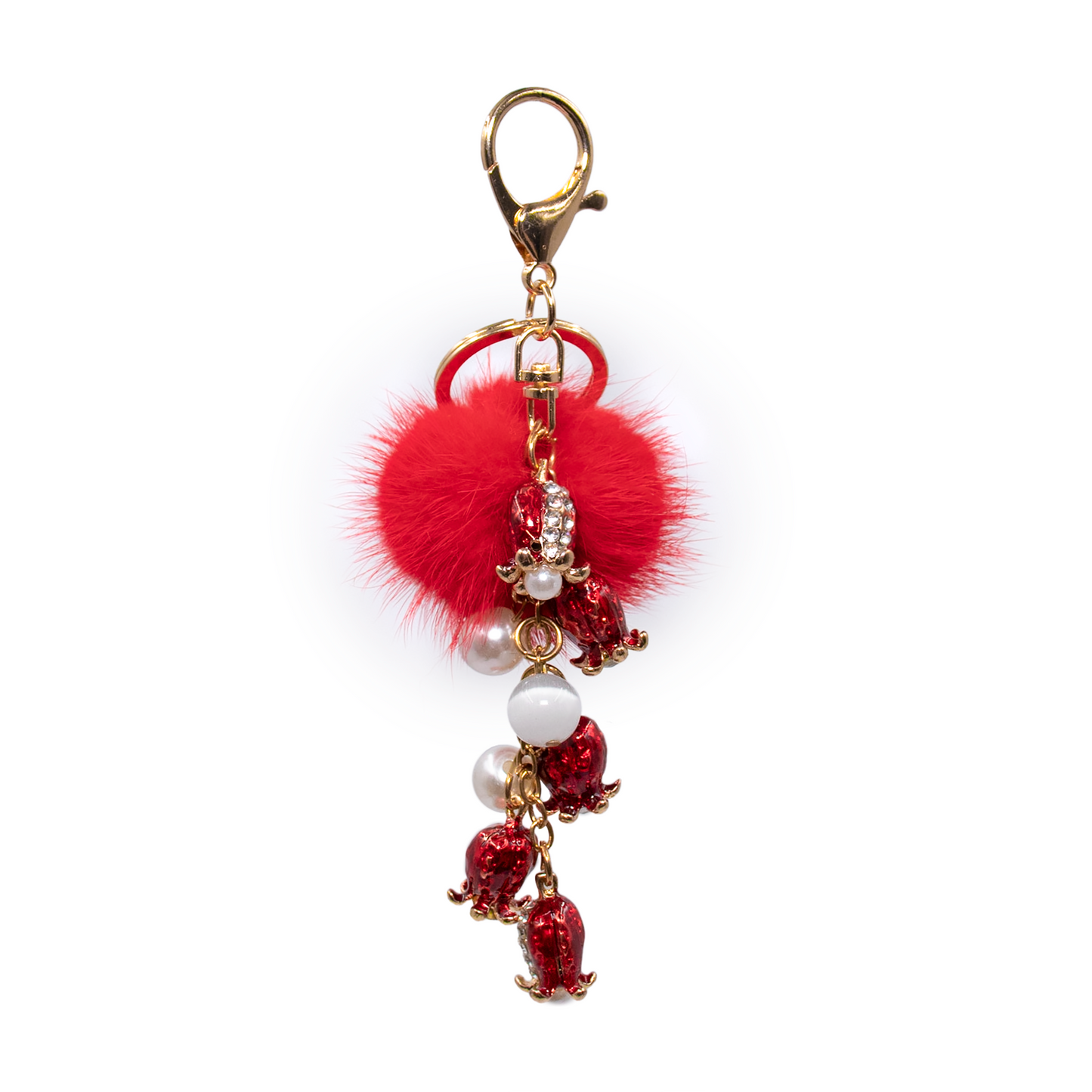 Hanging Flower Keychain with Mink Fur Pom