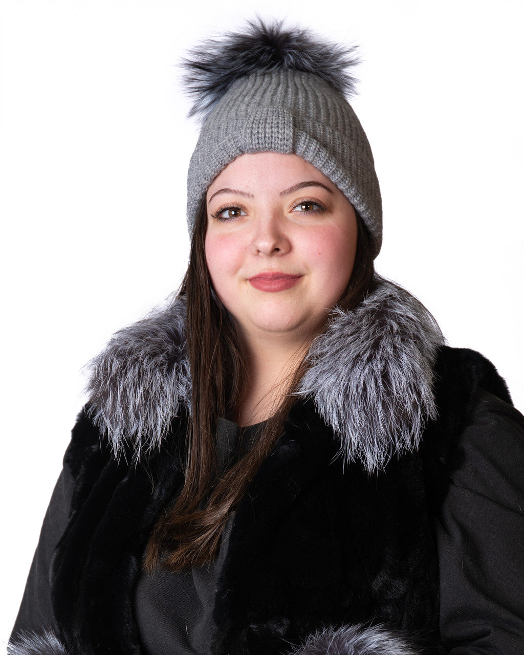 Gray Knit Beanie with Bow Design and Real Fox Fur Pom