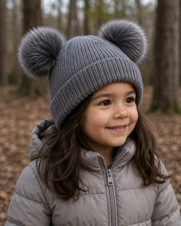 Kids Knit Hat with Faux Fur Poms