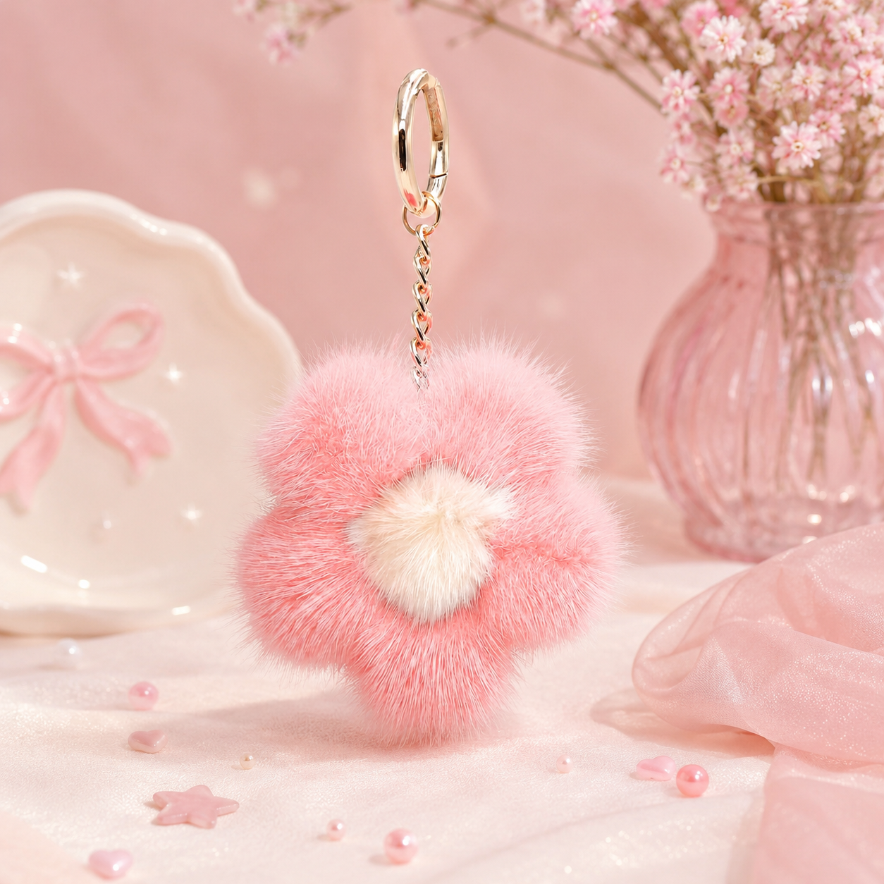 Large Mink Fur Flower Keychain
