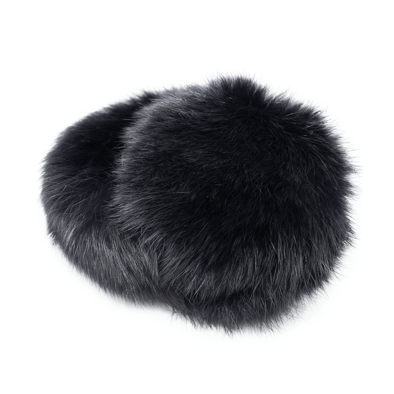 Folded up black long haired rabbit fur earmuffs with a fuzzy band