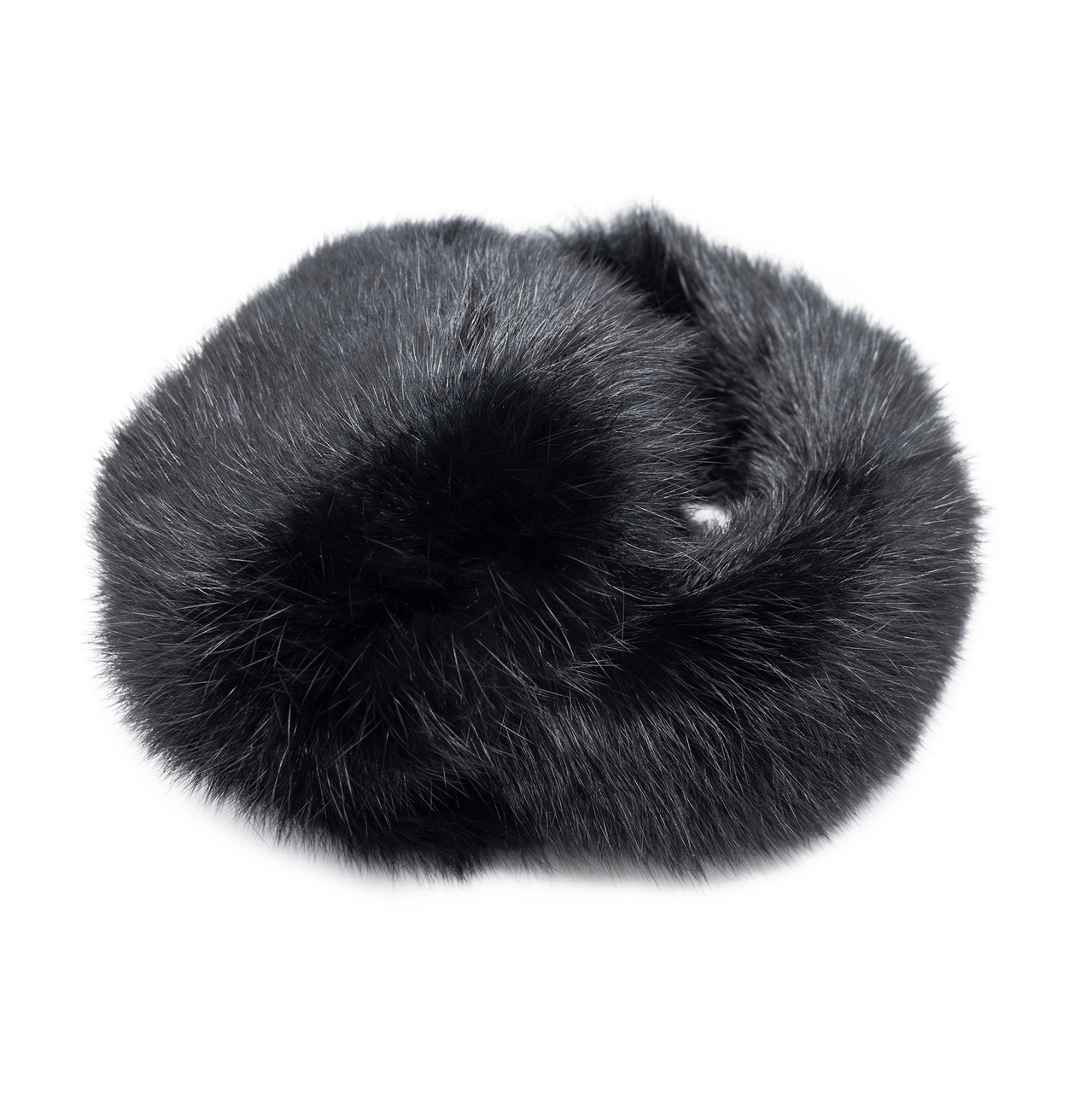 Folded up black long haired rabbit fur earmuffs with a fuzzy band